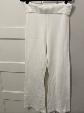Cozy Ribbed Waist Knit Wide-Leg Pants - White